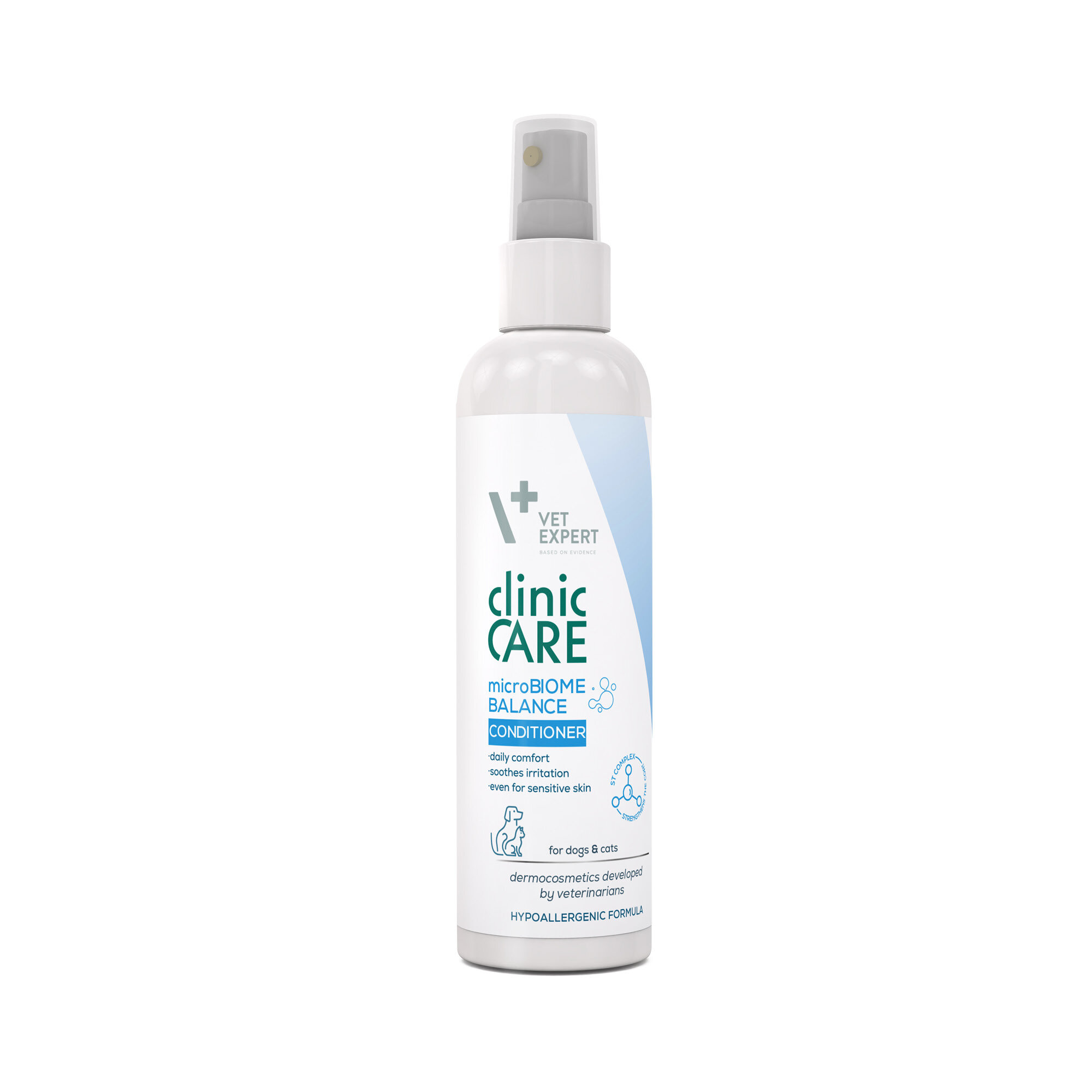 Biała butelka z atomizerem zawiera produkt \'Vet Expert clinic CARE microBIOME BALANCE CONDITIONER\'. Na etykiecie widnieje tekst: \'daily comfort, soothes irritation, even for sensitive skin, for dogs & cats, dermocosmetics developed by veterinarians, HYPOALLERGENIC FORMULA\'.