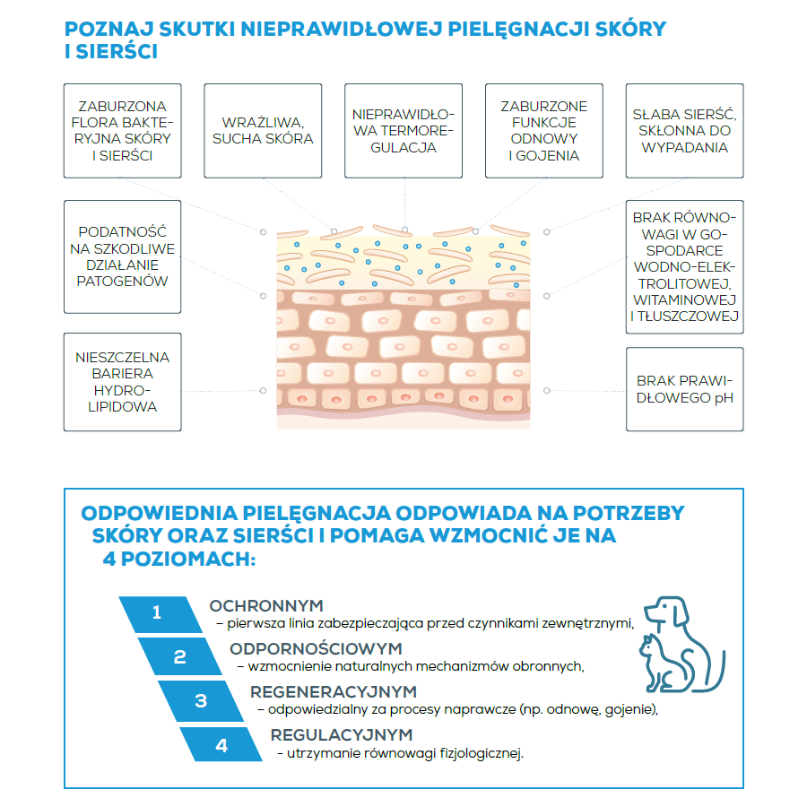 Infografika przedstawia skutki nieprawidłowej pielęgnacji skóry i sierści, takie jak zaburzona flora bakteryjna, wrażliwa skóra, nieprawidłowa termoregulacja, zaburzone funkcje odnowy, słaba sierść, brak równowagi wodno-elektrolitowej i brak prawidłowego pH. Dodatkowo opisano cztery poziomy odpowiedniej pielęgnacji: ochronny, odpornościowy, regeneracyjny i regulacyjny.
