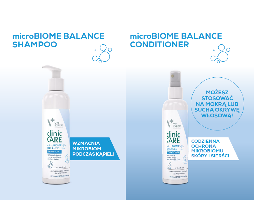 Obraz przedstawia dwa produkty Vet Expert Clinic Care: microBIOME BALANCE SHAMPOO i microBIOME BALANCE CONDITIONER. Na opakowaniach widoczne są napisy: \'WZMACNIA MIKROBIOM PODCZAS KĄPIELI\' oraz \'CODZIENNA OCHRONA MIKROBIOMU SKÓRY I SIERŚCI\'.