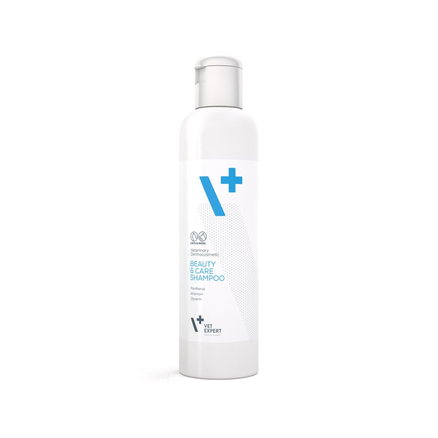 Biała butelka z szamponem o pojemności 250 ml z niebieskimi elementami graficznymi i napisem \'BEAUTY & CARE SHAMPOO\'. Na etykiecie widoczne jest logo \'VET EXPERT\'.