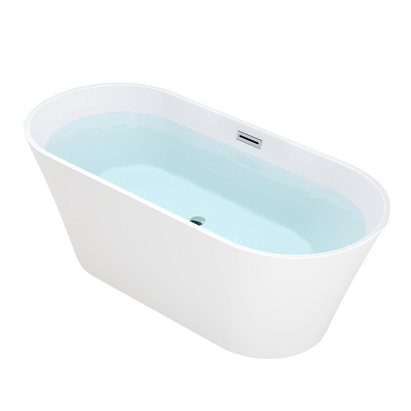 Na obrazie widoczna jest biała, owalna wanna wolnostojąca wypełniona wodą. Wanna ma prosty, nowoczesny design.