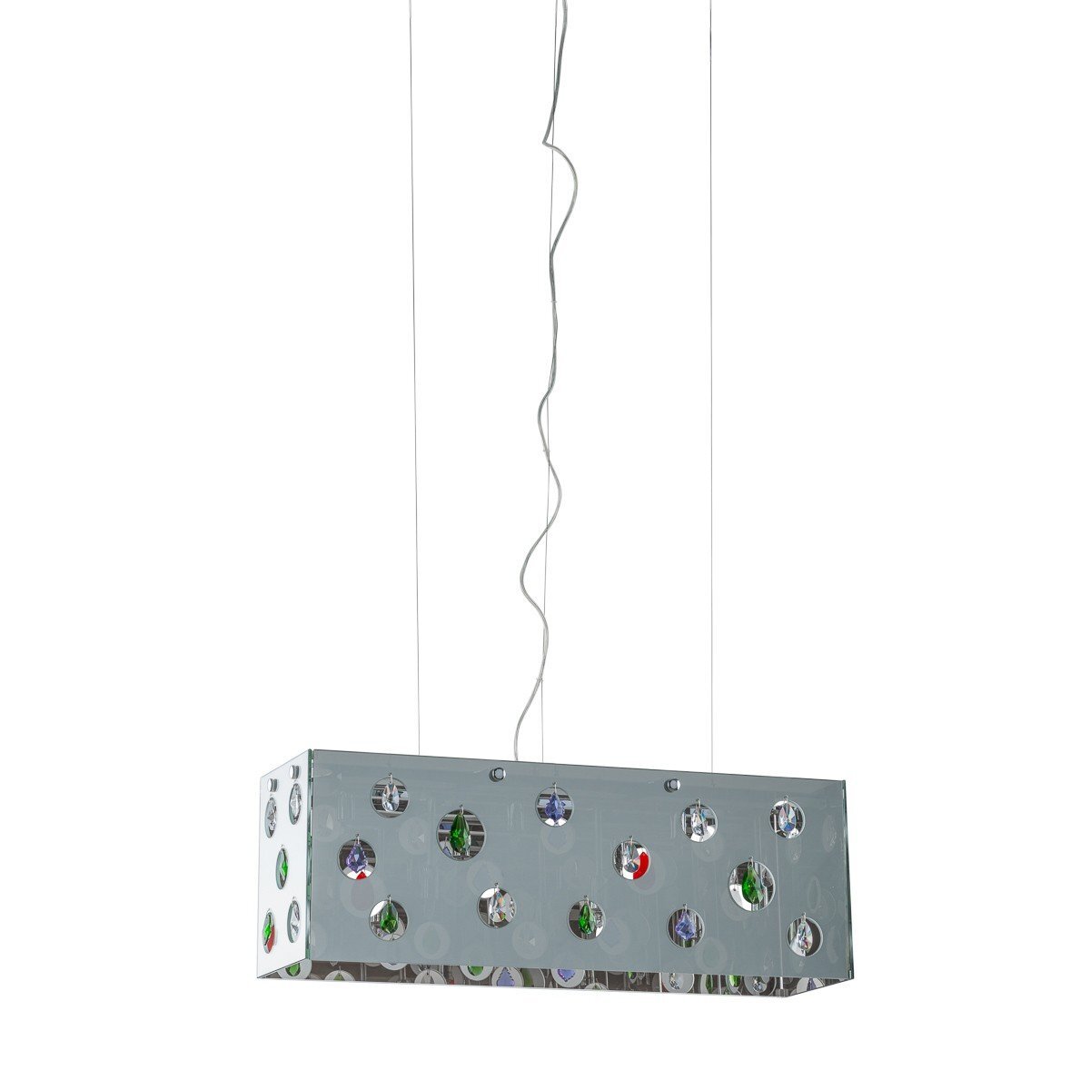 Lampa wisząca o prostokątnym kształcie z metalowym kloszem, ozdobiona okrągłymi, kolorowymi elementami. Zawieszona na cienkich, metalowych linkach.