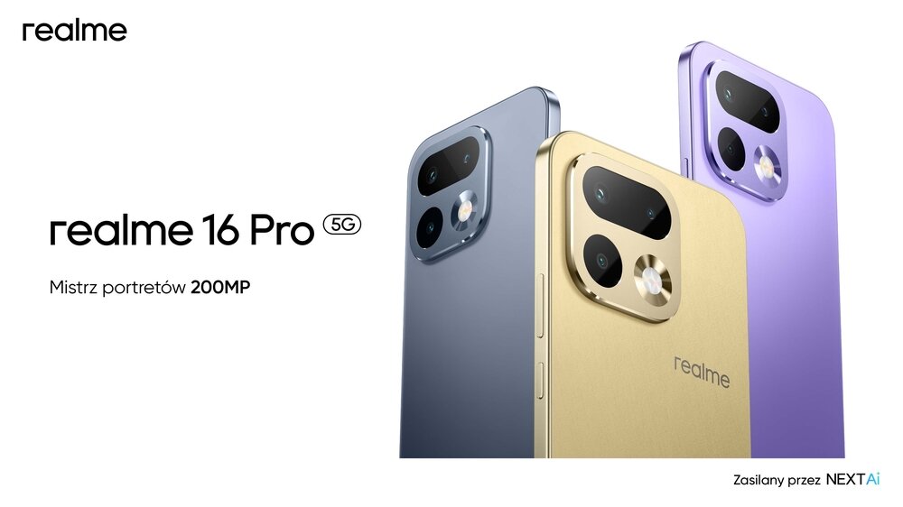 Trzy smartfony w różnych kolorach z widocznymi aparatami fotograficznymi. Tekst na obrazie: \'realme 16 Pro 5G Mistrz portretów 200MP\', \'Zasilany przez NEXT AI\'.