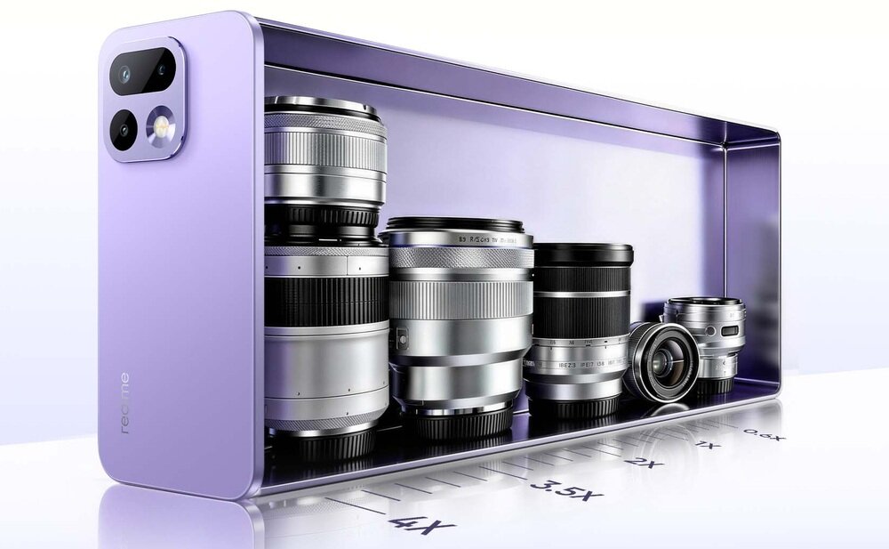 Obraz przedstawia fioletowy smartfon z widocznymi dwoma obiektywami aparatu i lampą błyskową. Obok smartfona znajdują się różnej wielkości obiektywy fotograficzne umieszczone w rzędzie.