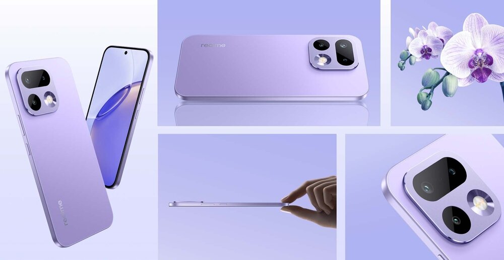 Na obrazie widoczny jest smartfon w kolorze fioletowym z trzema aparatami z tyłu oraz ekranem z niewielkim otworem na kamerę przednią. Obok smartfona znajduje się kwiat orchidei w podobnym odcieniu fioletu.