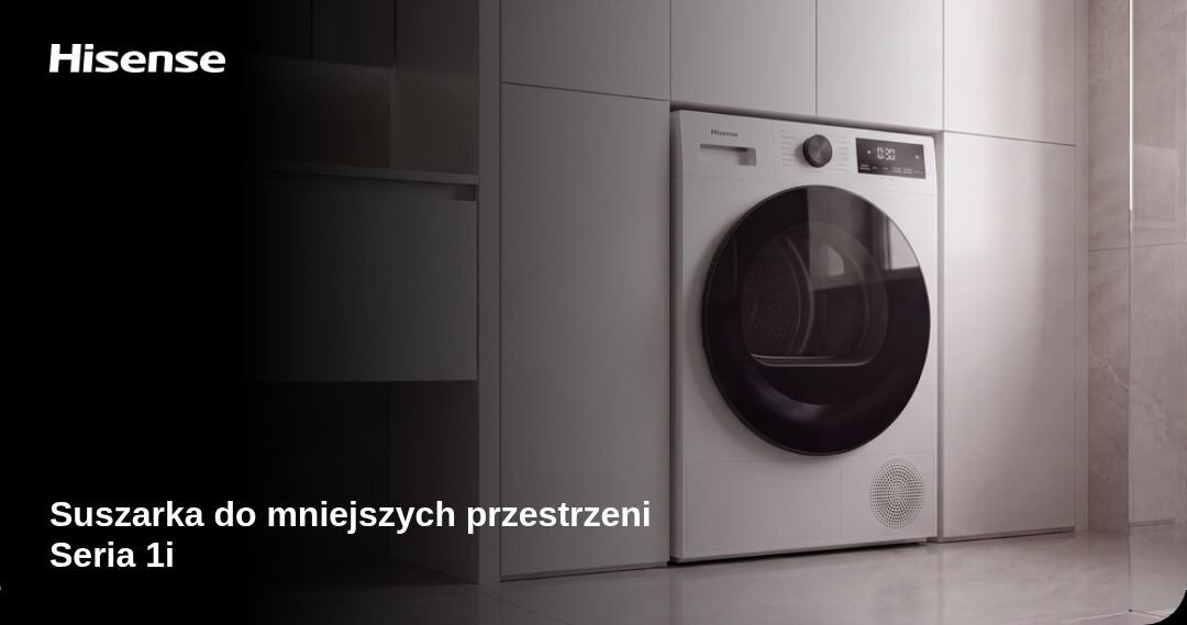SUSZARKA HISENSE DH1I700UWDEA PL Suszarka Hisense z serii 1i została pokazana w zabudowie. Grafika podkreśla kompaktowe wymiary urządzenia, odpowiednie do mniejszych przestrzeni