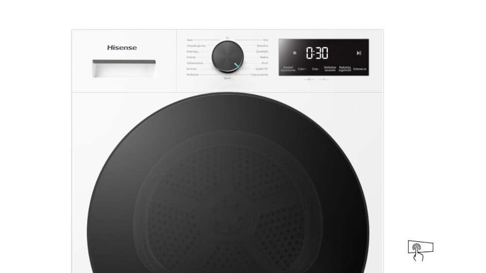 SUSZARKA HISENSE DH1I700UWDEA PL Zbliżenie na panel sterowania suszarki Hisense z pokrętłem wyboru programów i wyświetlaczem cyfrowym. Grafika podkreśla intuicyjną obsługę urządzenia panel LED czytelny wyświetlacz intuicyjna obsługa łatwy wybór programów kontrola cyklu