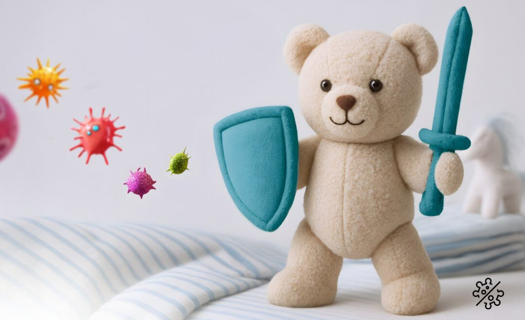SUSZARKA HISENSE DH1I700UWDEA PL Pluszowy miś z tarczą i mieczem symbolizuje program antyalergiczny. Grafika podkreśla higieniczną pielęgnację ubrań i tkanin program antyalergiczny redukcja bakterii alergeny higiena odzieży certyfikat SGS