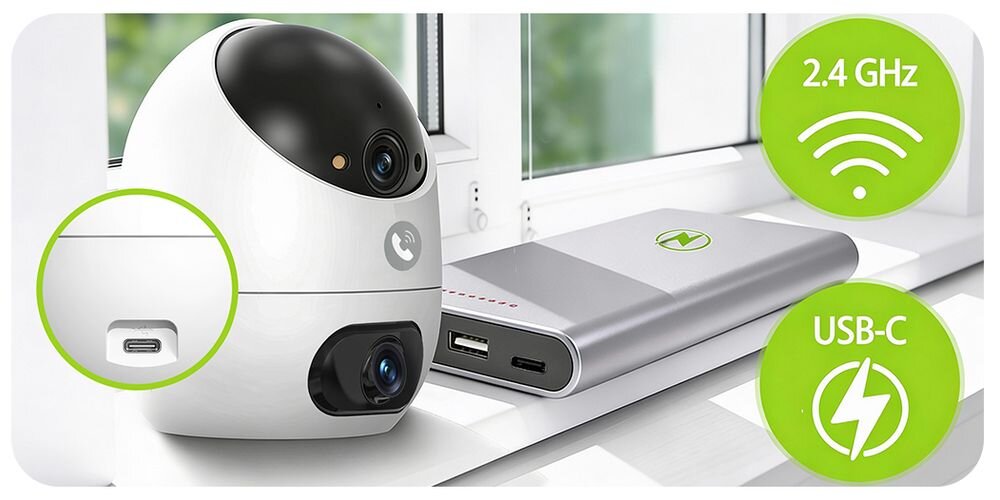 Kamera EZVIZ Beans View D220 Dual 3K, Wewnętrzna, Wi-Fi / Bluetooth, Kamera obrotowa, zestaw, montażowy, akcesoria, instalacja, Kamera zasilana kablem USB-C z powerbanku.