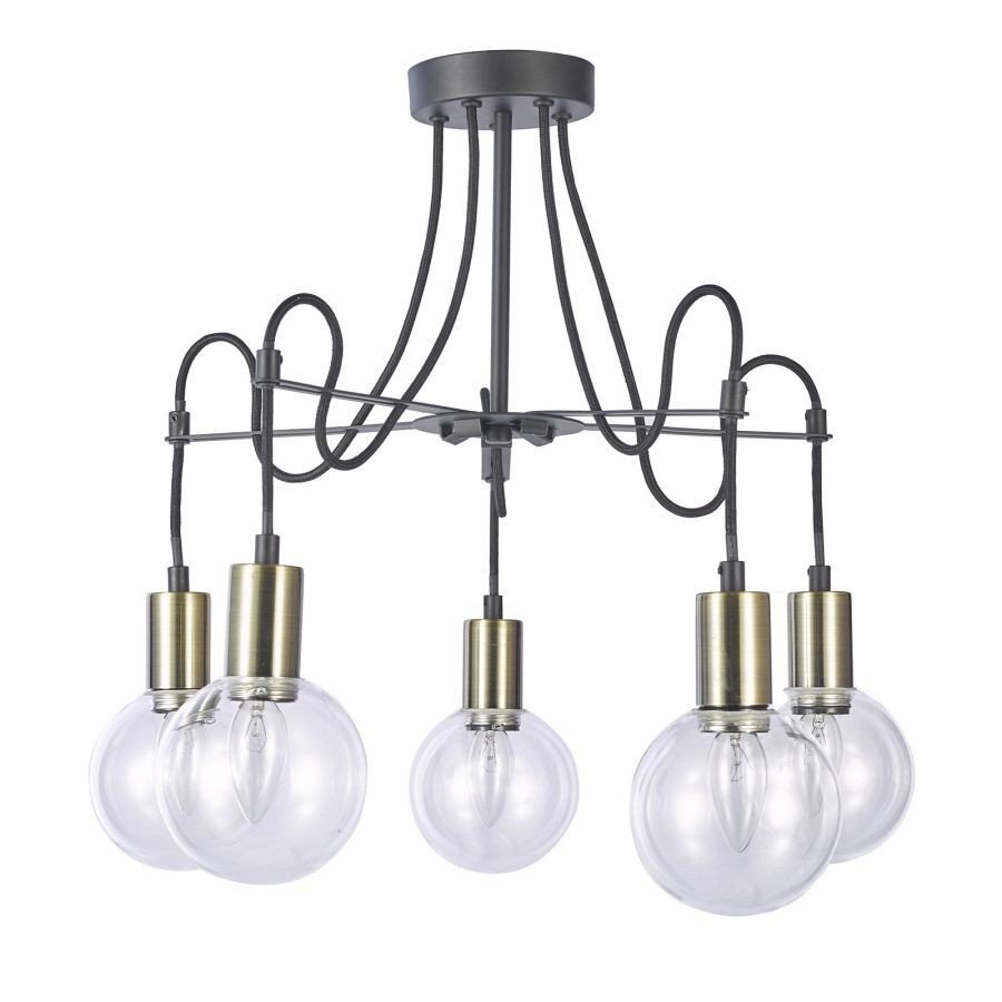 Lampa wisząca z pięcioma przezroczystymi kloszami w kształcie kul, zawieszonymi na metalowej konstrukcji z ciemnymi i złotymi elementami.