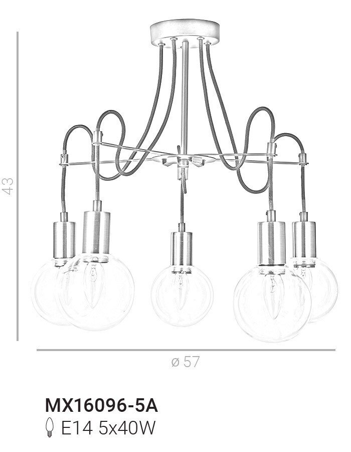 Na obrazie widoczna jest lampa wisząca z pięcioma żarówkami w przezroczystych kloszach, zamocowana na metalowej konstrukcji. Pod lampą znajduje się tekst: \'MX16096-5A E14 5x40W\'.