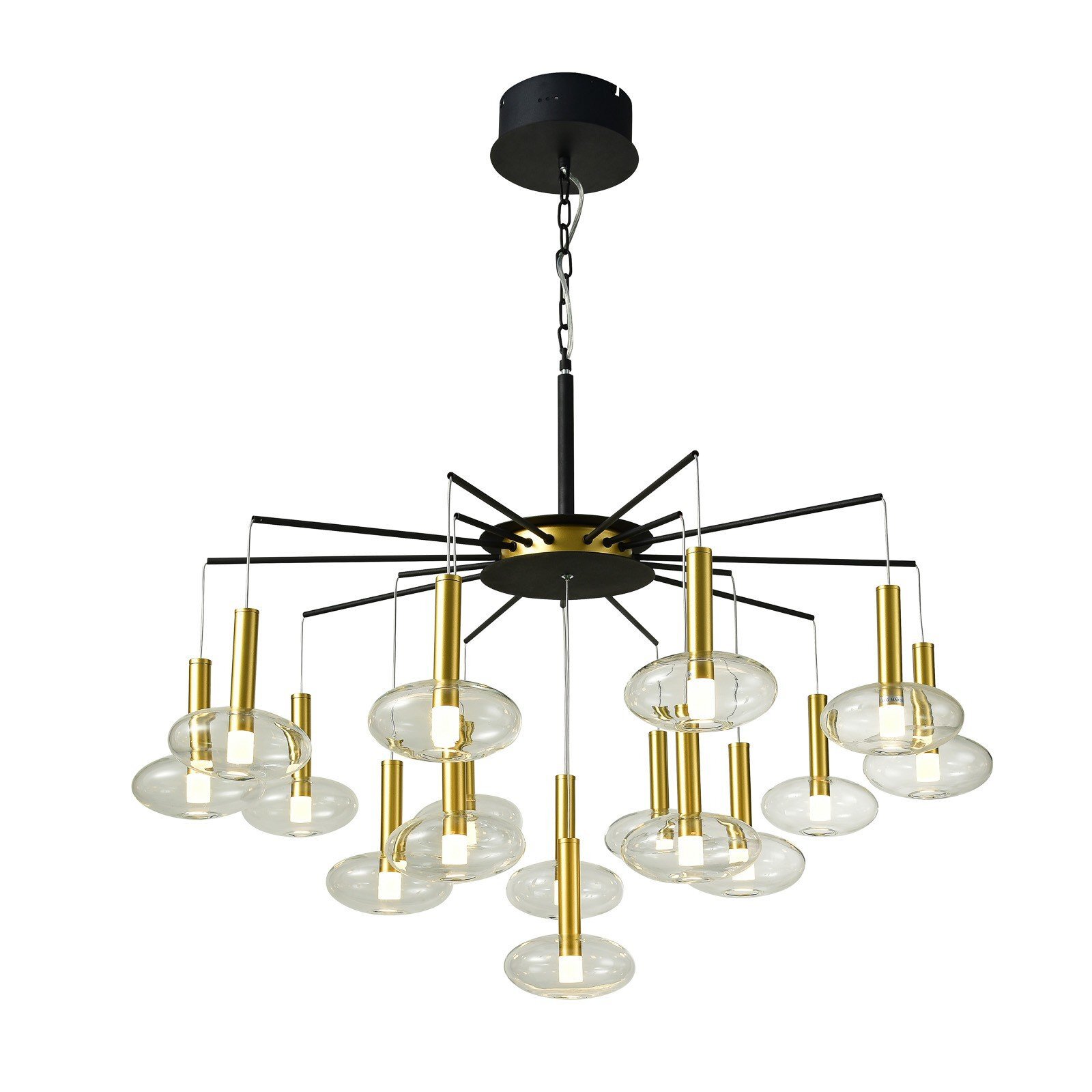 Lampa wisząca z czarną podstawą i złotymi elementami, posiada kilka przezroczystych kloszy w kształcie dysków. Klosze są rozmieszczone na metalowych ramionach wychodzących z centralnego punktu.