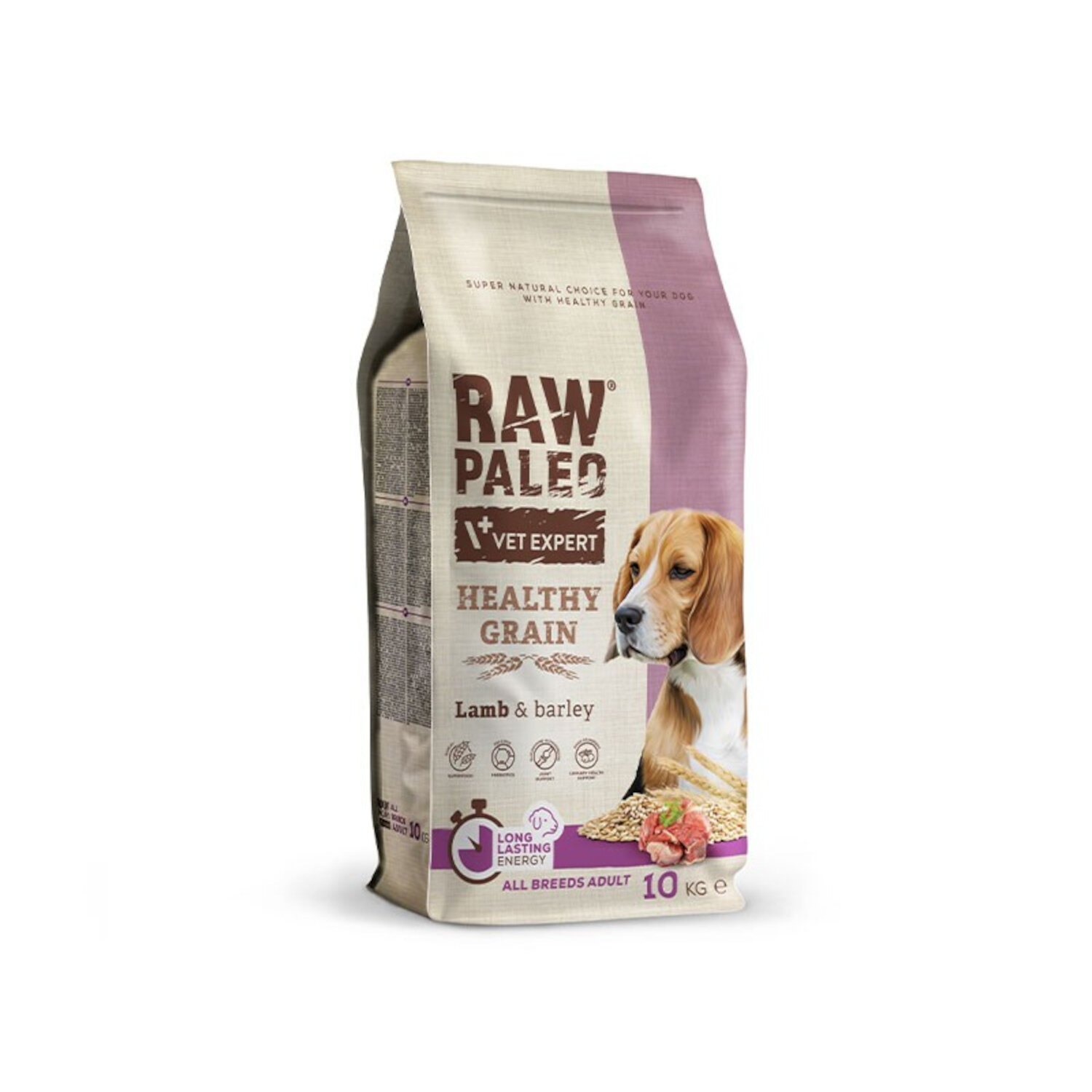 Opakowanie suchej karmy dla psów z napisem \'RAW PALEO VET EXPERT HEALTHY GRAIN Lamb & barley\'. Na opakowaniu widoczny jest wizerunek psa oraz symbole wskazujące na składniki i właściwości produktu.