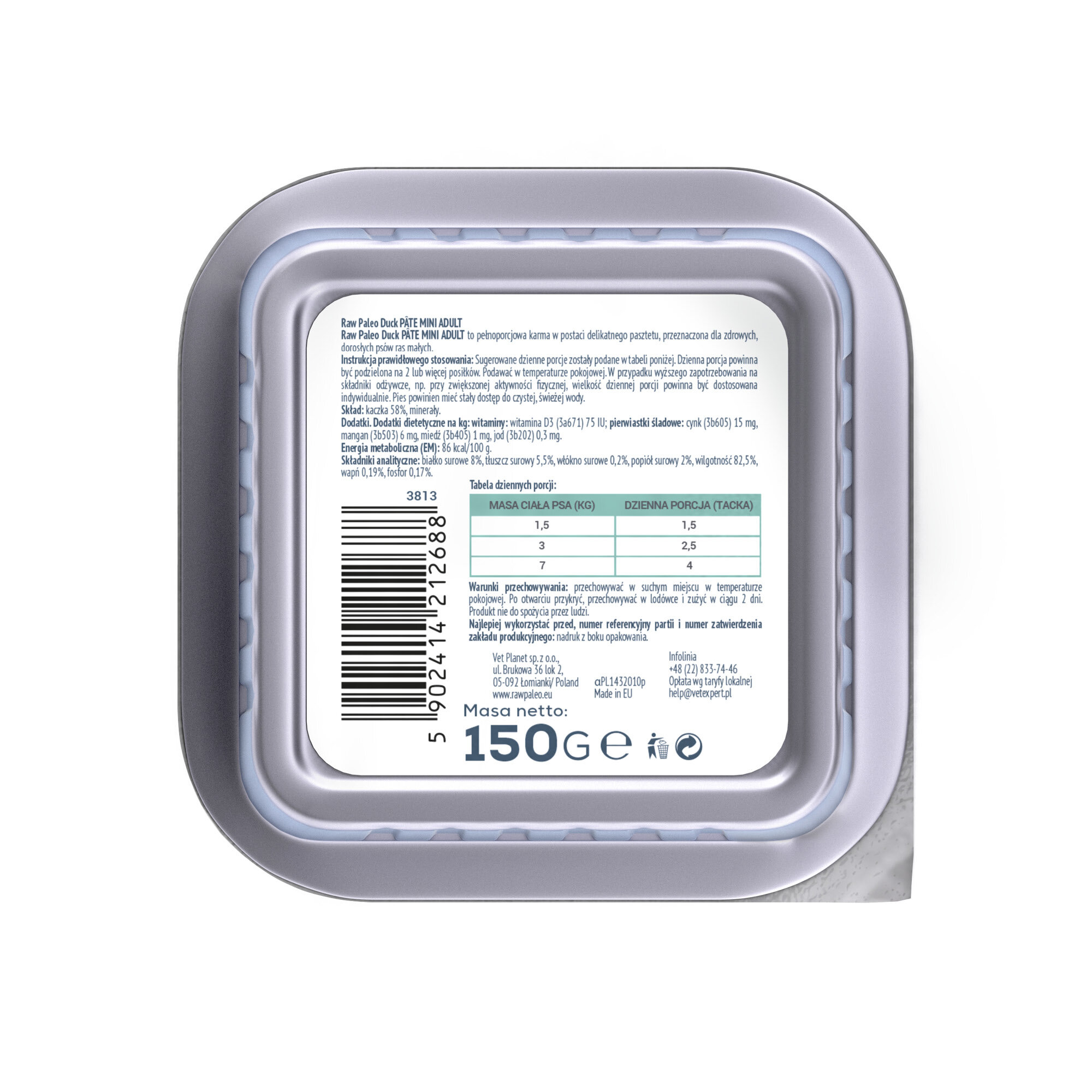 Kwadratowe opakowanie z etykietą zawierającą tekst dotyczący produktu \'Raw Paleo Duck Pate Mini Adult\'. Widoczny jest kod kreskowy oraz informacja o masie netto: 150 g.
