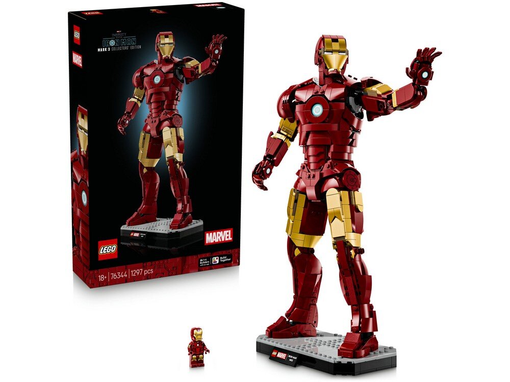 Na obrazie widoczny jest zestaw LEGO przedstawiający figurkę Iron Mana w czerwono-złotej zbroi, stojącą na podstawce. Obok znajduje się pudełko z grafiką tej samej figurki oraz logo LEGO i Marvel.