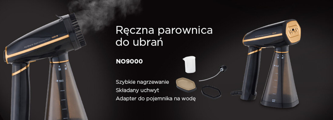 Obraz przedstawia ręczną parownicę do ubrań z modelem NO9000, z widocznymi elementami jak składany uchwyt i adapter do pojemnika na wodę. Obok parownicy znajduje się tekst: \'Ręczna parownica do ubrań NO9000 Szybkie nagrzewanie Składany uchwyt Adapter do pojemnika na wodę\'.