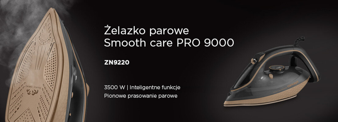 Obraz przedstawia żelazko parowe z napisem \'Żelazko parowe Smooth care PRO 9000 ZN9220\'. Widoczny jest również tekst: \'3500 W | Inteligentne funkcje Pionowe prasowanie parowe\'.