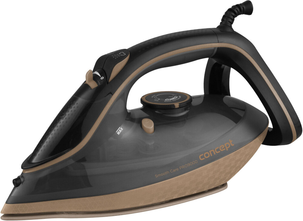 Na obrazie widoczne jest żelazko parowe w kolorze czarnym z brązowymi elementami, z napisem \'concept\' oraz \'Smooth Care PRO9000\'.