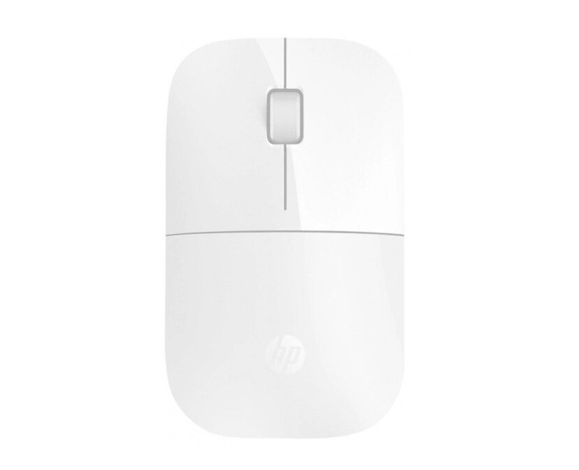 Biała mysz komputerowa z dwoma przyciskami i rolką przewijania. Na dolnej części widoczne jest logo HP.