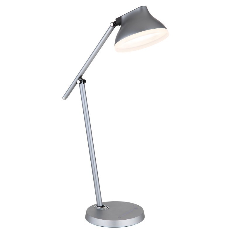 Szara lampa biurkowa LED z regulowanym ramieniem i okrągłą podstawą. Lampa posiada nowoczesny design i jest wyposażona w dotykowy ściemniacz.