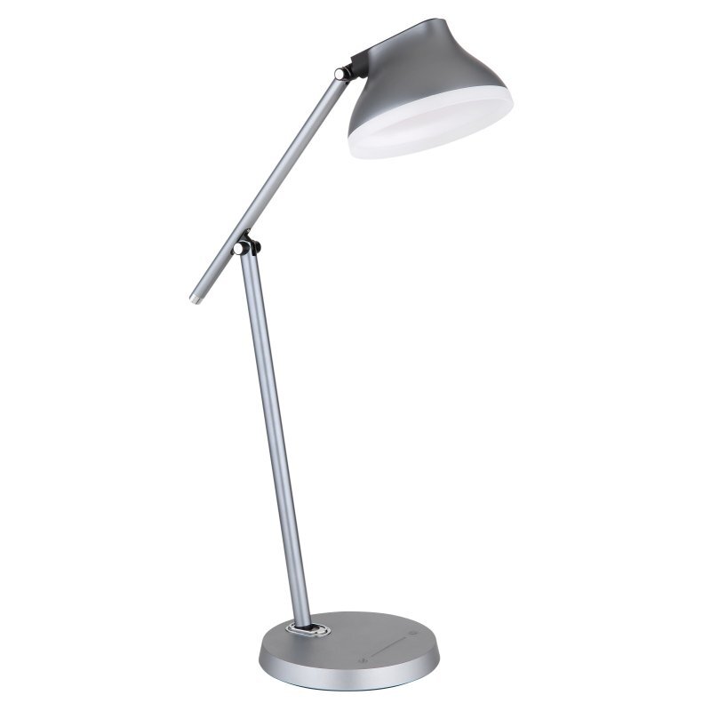 Szara lampa biurkowa LED z regulowanym ramieniem i okrągłą podstawą. Lampa posiada nowoczesny design i dotykowy ściemniacz.