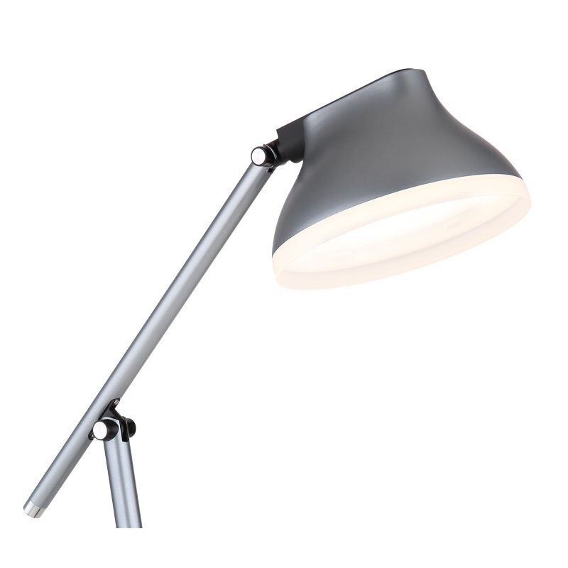 Szara lampa biurkowa LED z regulowanym ramieniem i okrągłym kloszem. Lampa posiada nowoczesny design i matowe wykończenie.