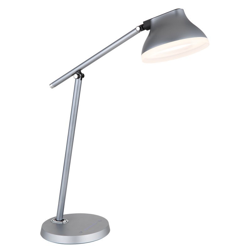 Szara lampa biurkowa LED z regulowanym ramieniem i okrągłą podstawą. Lampa posiada dotykowy ściemniacz na podstawie.