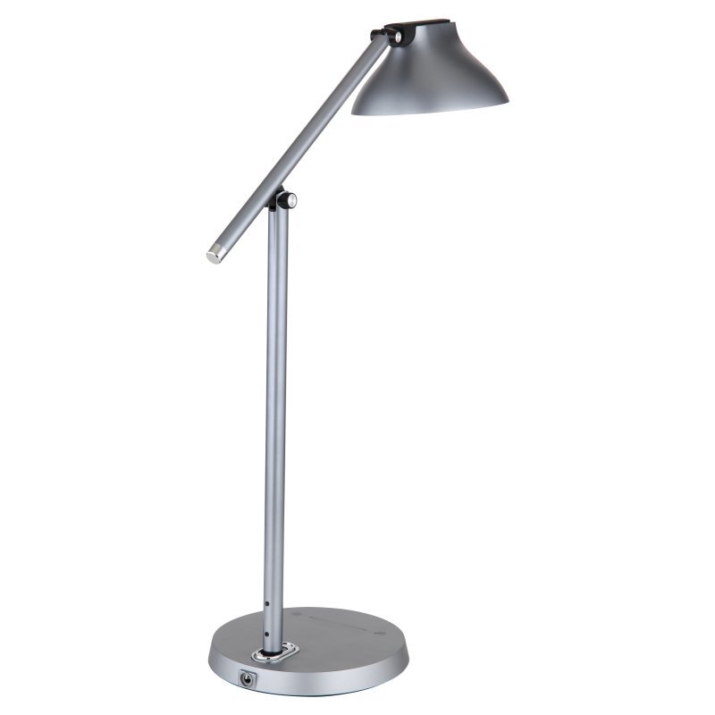 Szara lampa biurkowa LED z regulowanym ramieniem i kloszem, umieszczona na okrągłej podstawie. Lampa posiada dotykowy ściemniacz na podstawie.