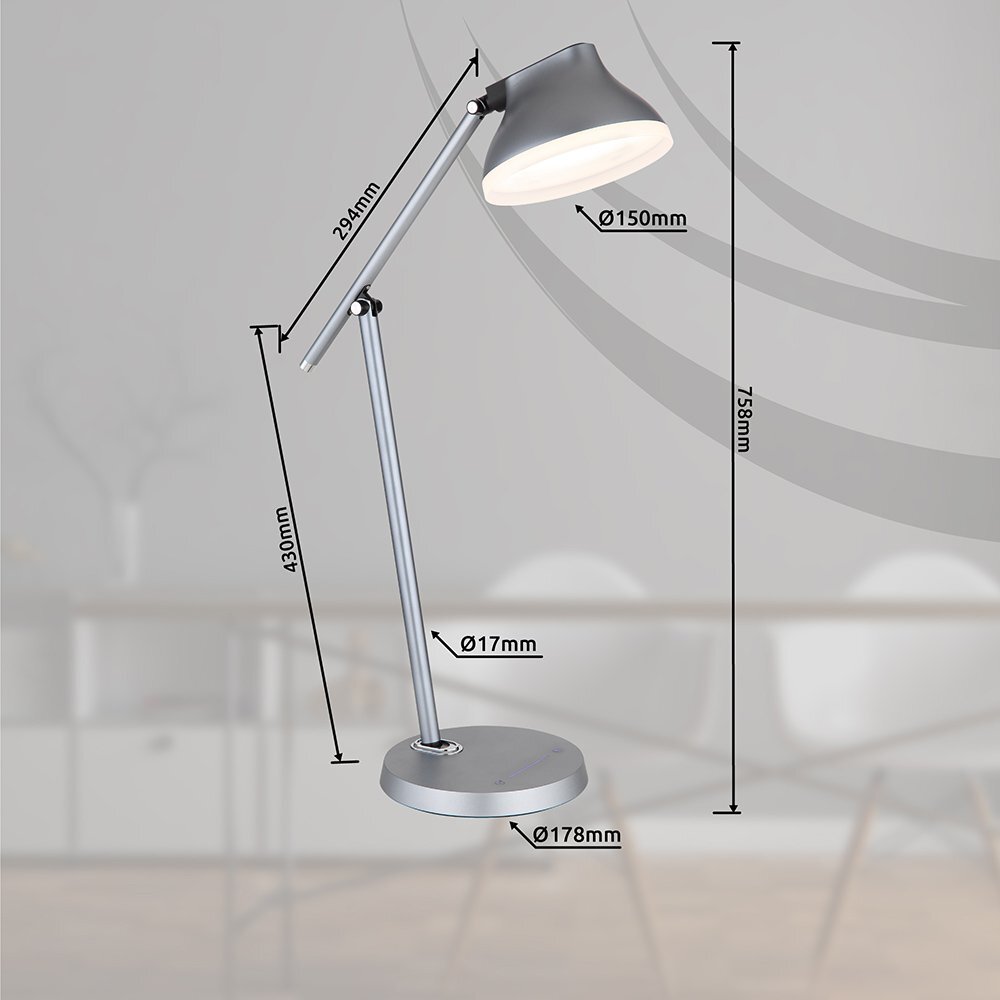 Obraz przedstawia szarą lampę biurkową LED z oznaczeniami wymiarów: wysokość 758 mm, długość ramienia 294 mm, średnica klosza 150 mm, wysokość podstawy 430 mm, średnica podstawy 178 mm, średnica pręta 17 mm. Lampa znajduje się na tle rozmytego wnętrza z meblami.