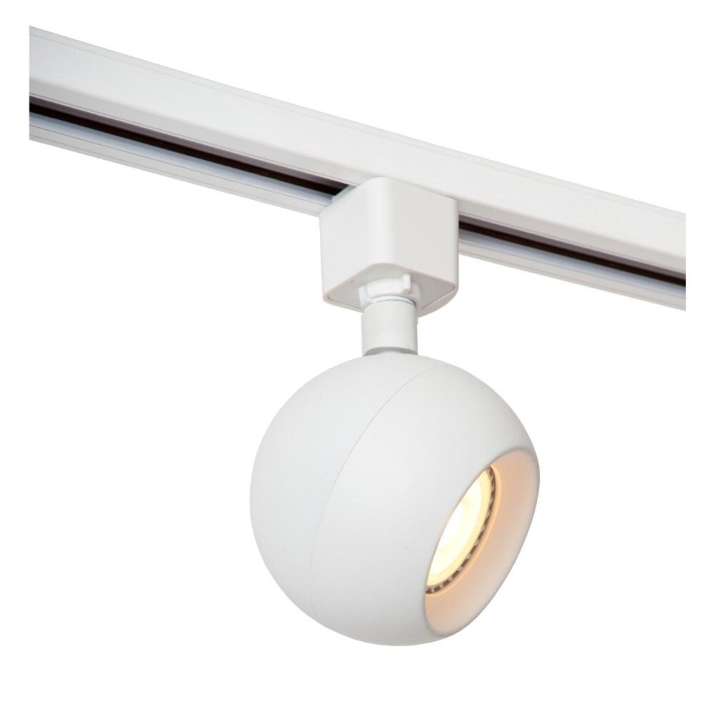 Biała lampa reflektorowa zamontowana na szynie, z okrągłym kloszem emitującym światło.
