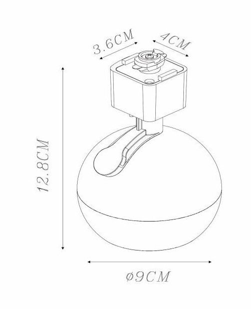 Schematyczny rysunek lampy reflektorowej z wymiarami: wysokość 12,8 cm, średnica 9 cm, szerokość 4 cm, głębokość 3,6 cm.