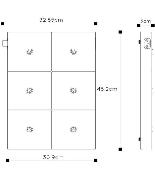 Schemat przedstawia wymiary prostokątnego urządzenia z sześcioma okrągłymi elementami na powierzchni, o wymiarach 32.65 cm na 46.2 cm i grubości 5 cm. Widoczny jest również boczny widok z detalami złącz i przycisków.