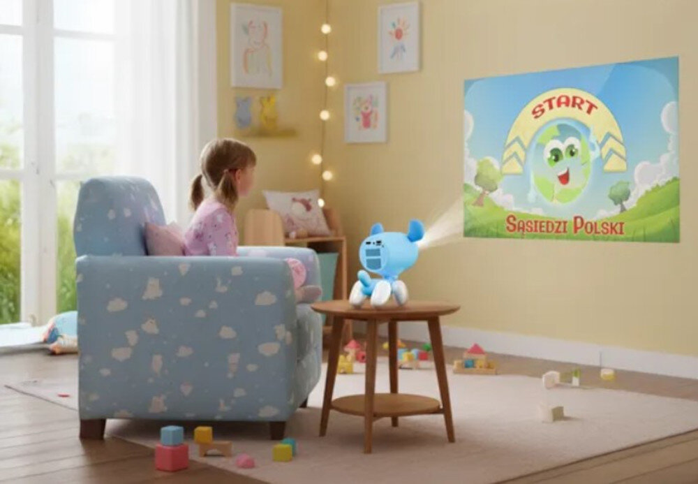 Dziewczynka siedzi na fotelu w pokoju dziecięcym, patrząc na ścianę, na której projektor wyświetla obraz z napisem \'START Sąsiedzi Polski\'. Projektor ma kształt niebieskiego zwierzątka i stoi na stoliku.