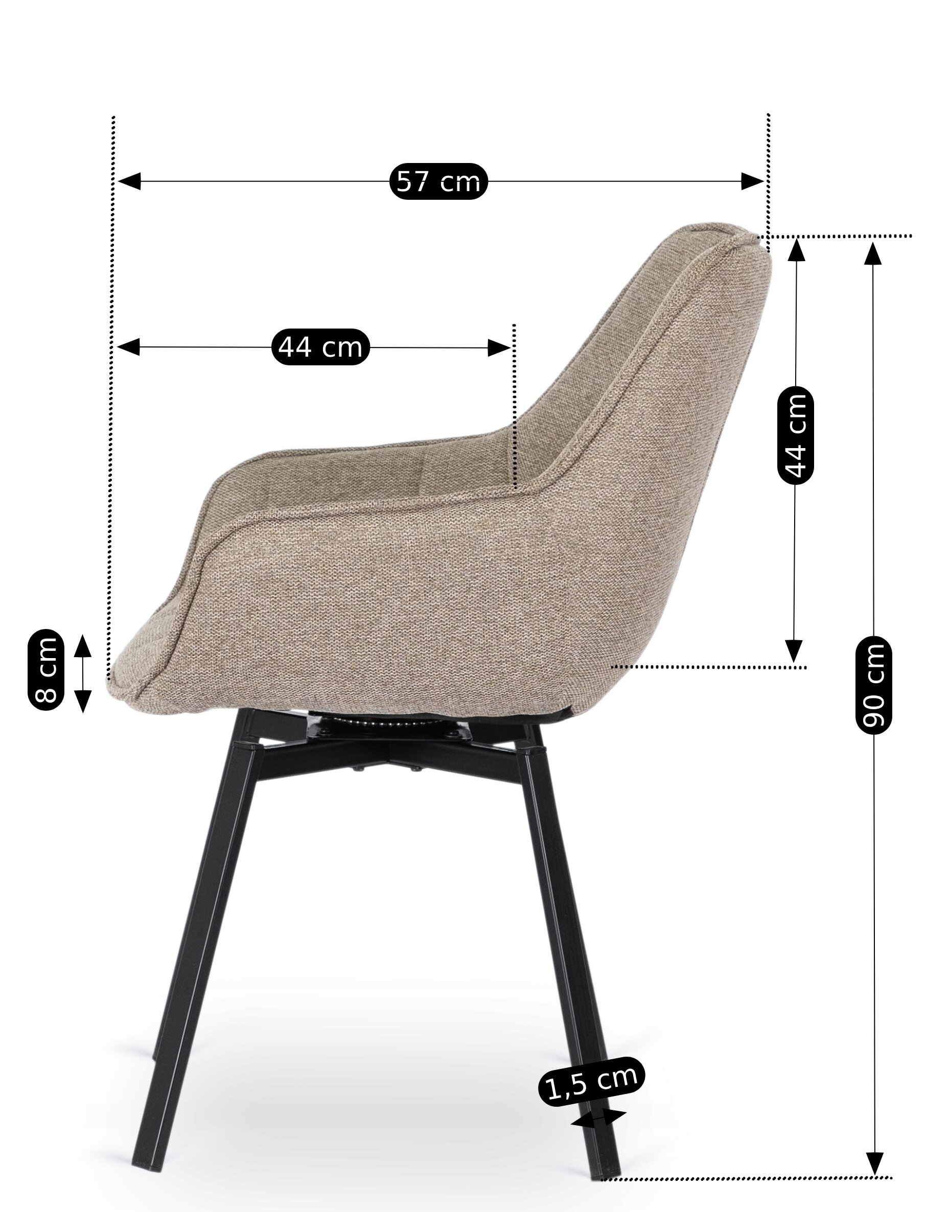 Obraz przedstawia szare, tapicerowane krzesło z metalowymi nogami, z wymiarami: 57 cm szerokości, 44 cm głębokości, 90 cm wysokości, 44 cm wysokości siedziska, 8 cm grubości siedziska i 1,5 cm grubości nóg.