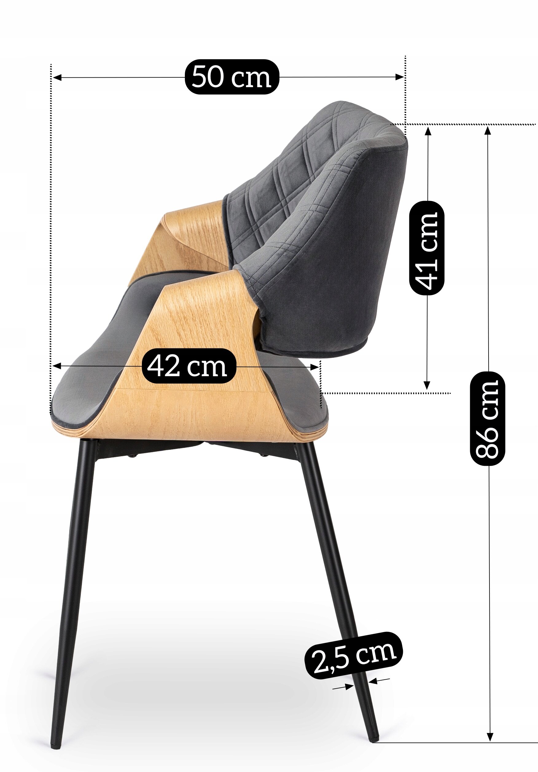 Obraz przedstawia szare, tapicerowane krzesło z drewnianymi elementami i metalowymi nogami. Na krześle widoczne są wymiary: 50 cm, 42 cm, 41 cm, 86 cm, 2,5 cm.
