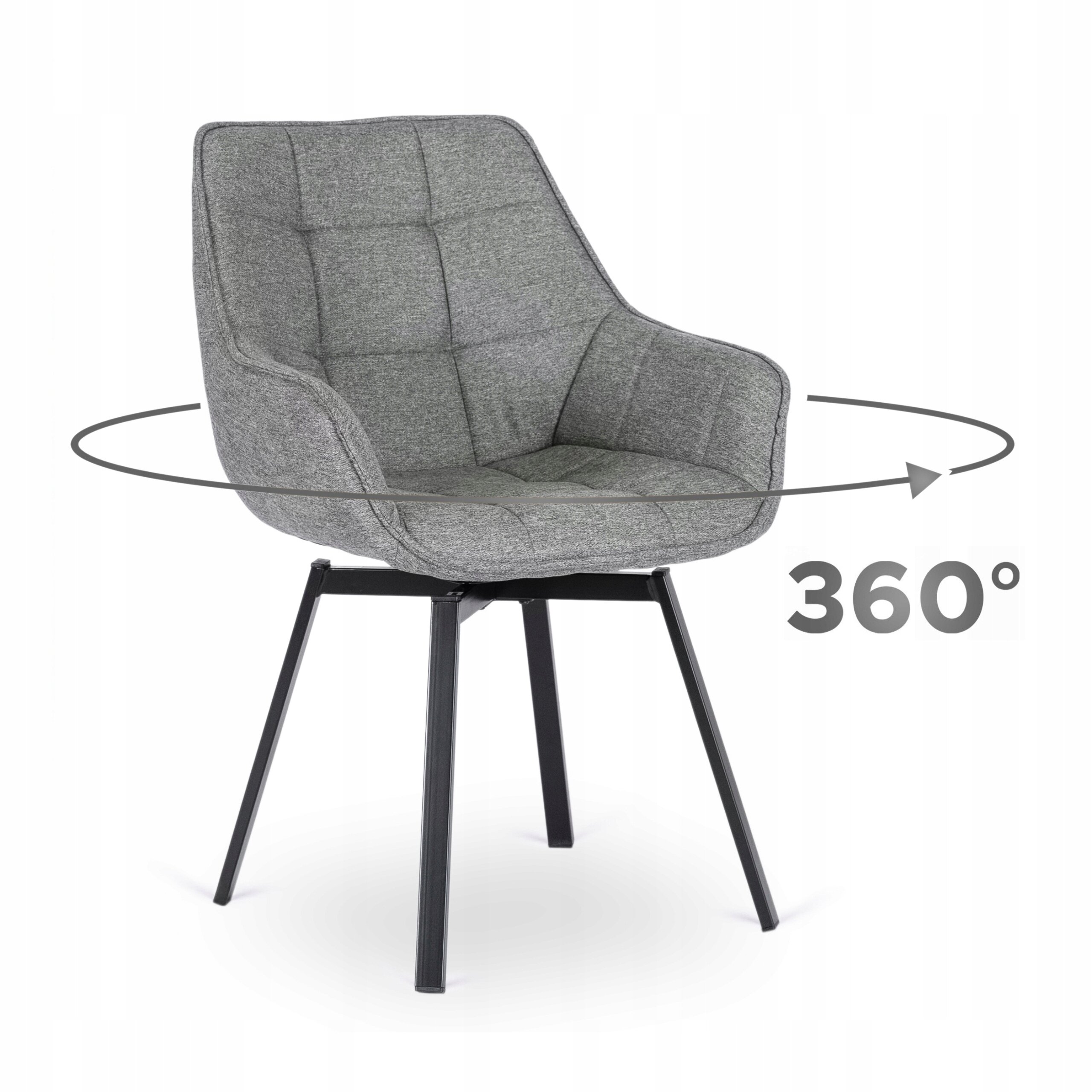 Szare krzesło tapicerowane z możliwością obrotu o 360 stopni, na czarnych metalowych nogach. Obok krzesła widoczny jest symbol strzałki z napisem \'360°\'.