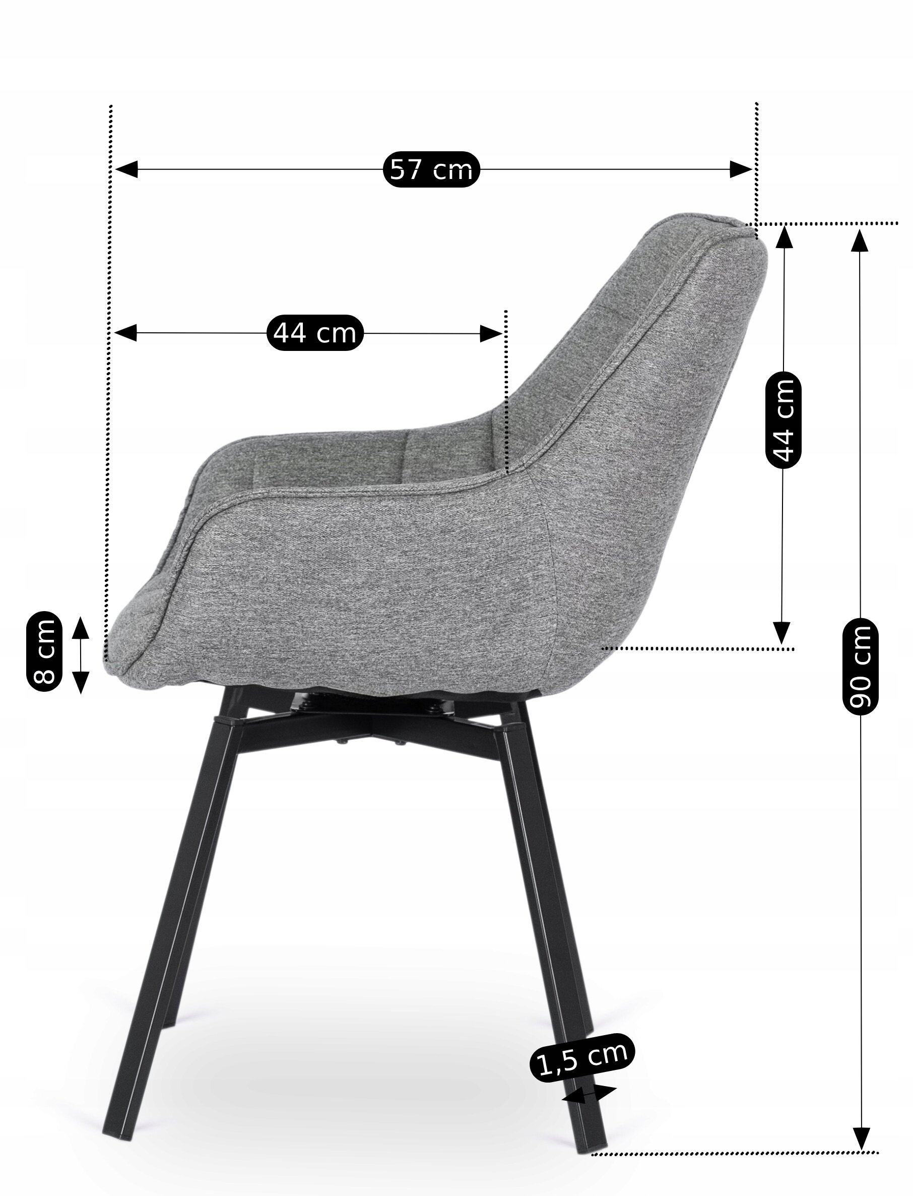 Zdjęcie przedstawia szary fotel z metalowymi nogami, z zaznaczonymi wymiarami: 57 cm szerokości, 44 cm głębokości, 44 cm wysokości siedziska, 90 cm całkowitej wysokości, 8 cm grubości siedziska i 1,5 cm grubości nóg.