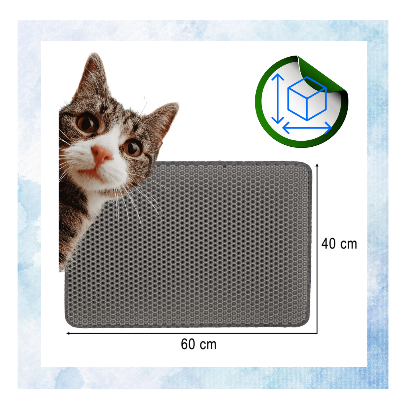 Na obrazie widoczna jest szara mata o strukturze plastra miodu z wymiarami 60 cm na 40 cm. Obok maty znajduje się rysunek kota oraz symbol z wymiarami przestrzennymi.