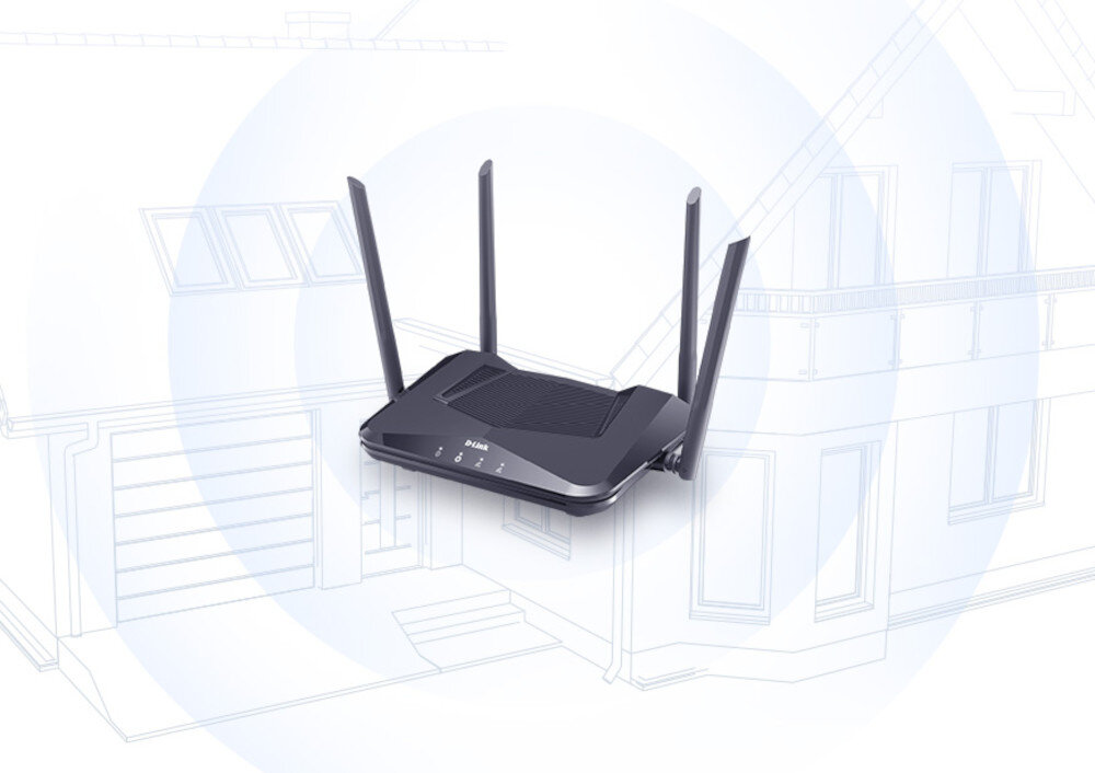Na obrazie widoczny jest czarny router z czterema antenami, na tle szkicu domu. Na urządzeniu znajduje się logo \'D-LINK\'.