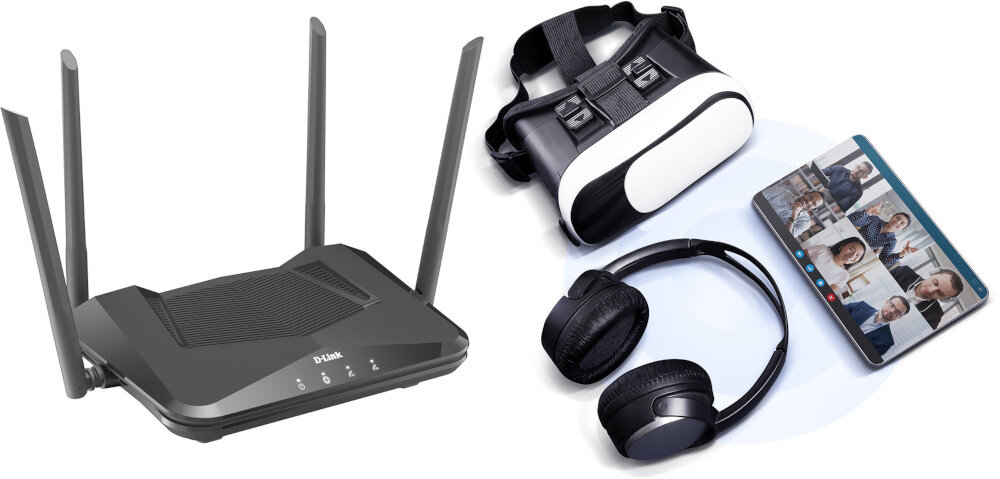 Na obrazie widoczny jest czarny router z czterema antenami i logo \'D-Link\', obok zestaw słuchawkowy, gogle VR oraz tablet z widocznymi osobami na ekranie.