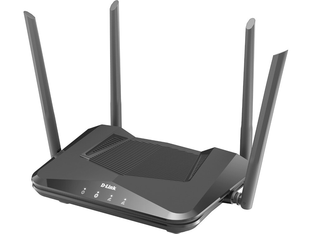 Na obrazie widoczny jest czarny router z czterema antenami, na którym znajduje się logo \'D-Link\'.