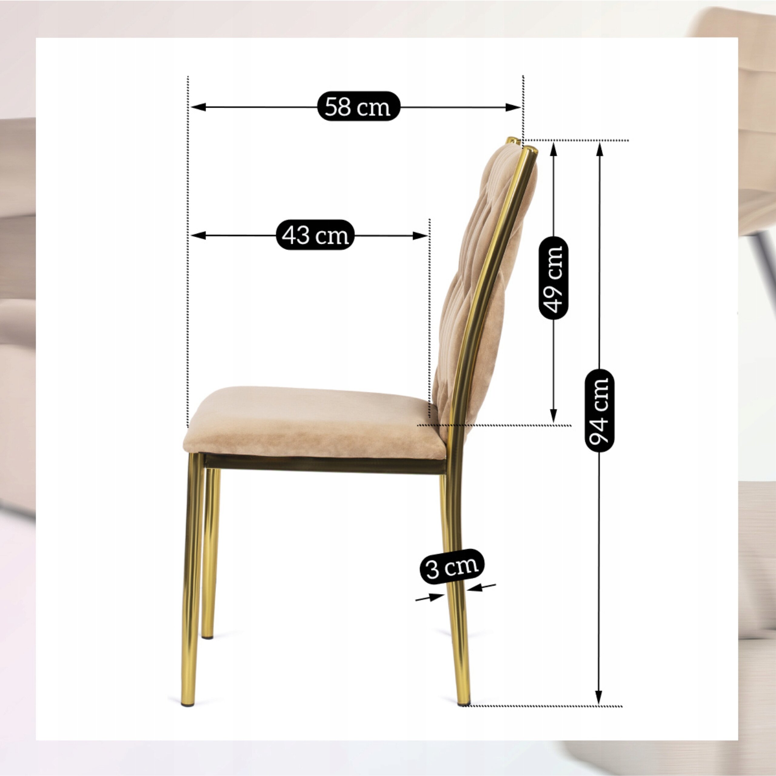 Obraz przedstawia krzesło z beżowym obiciem i złotymi nogami, z zaznaczonymi wymiarami: 58 cm, 43 cm, 49 cm, 94 cm i 3 cm.