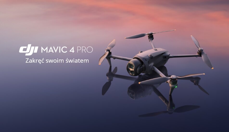 Na obrazie widoczny jest dron z czterema śmigłami unoszący się nad powierzchnią, z tłem w kolorach zachodzącego słońca. Obok drona znajduje się tekst: \'DJI Mavic 4 Pro Zakręć swoim światem\'.