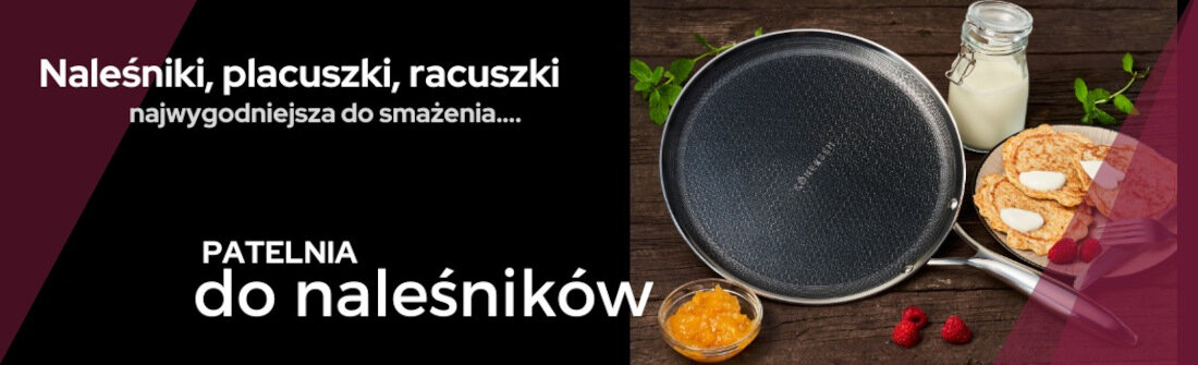 Obraz przedstawia patelnię do naleśników z napisem \'KOHERSEN\' na powierzchni, obok której znajdują się naleśniki, słoik z mlekiem, dżem i maliny. Tekst na obrazie: \'Naleśniki, placuszki, racuszki najwygodniejsza do smażenia.... PATELNIA do naleśników\'.