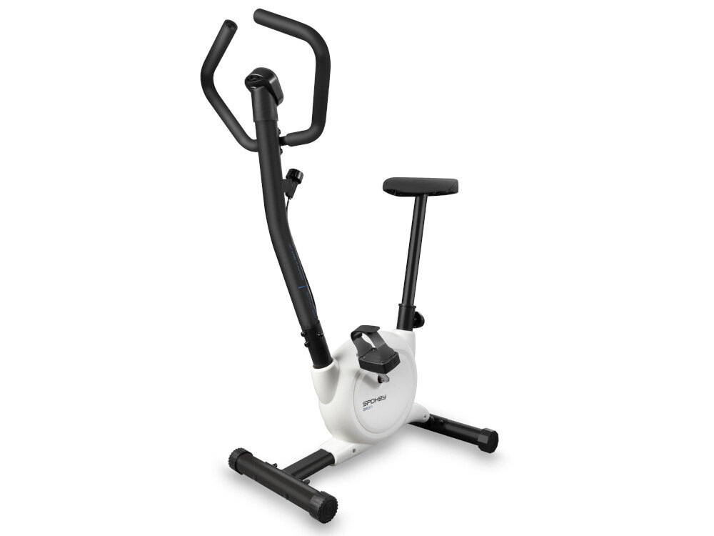 Na obrazie widoczny jest biały rower mechaniczny z czarnymi elementami, takimi jak kierownica i siodełko. Na obudowie znajduje się logo \'SPOKEY\'.
