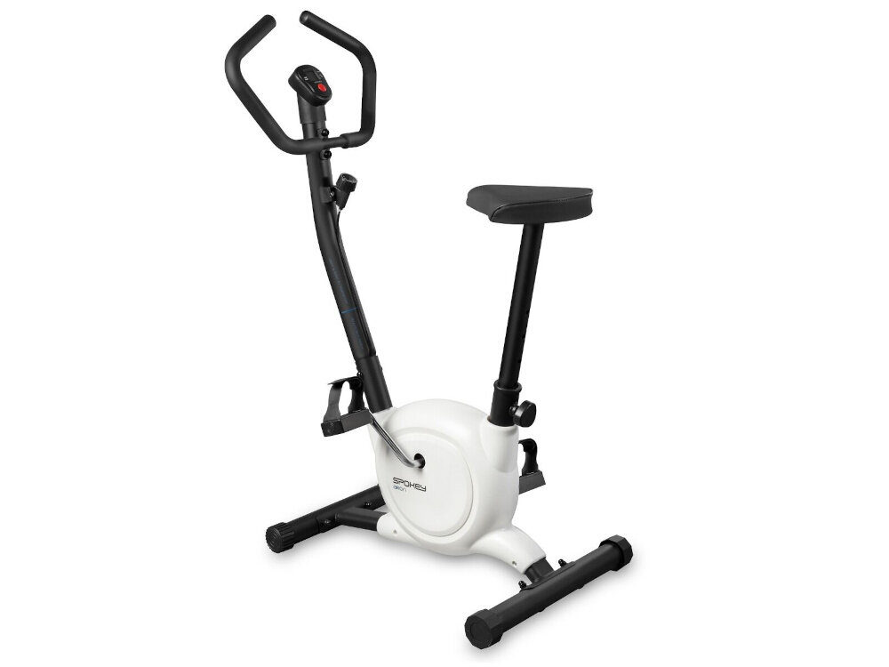 Na obrazie widoczny jest biały rower mechaniczny z czarnymi elementami, takimi jak kierownica i siodełko. Na obudowie znajduje się logo \'SPOKEY\'.
