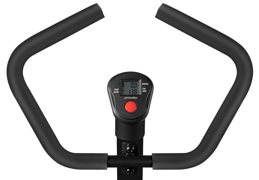 Czarny uchwyt roweru mechanicznego z wyświetlaczem pokazującym dane: TIME, SCAN, SPEED, CAL, DIST oraz przyciskiem poniżej. Logo SPOKEY widoczne pod wyświetlaczem.
