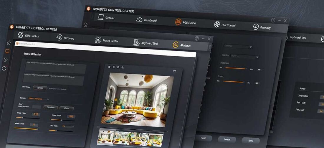 Na obrazie widoczne są ekrany interfejsu oprogramowania GIGABYTE CONTROL CENTER z różnymi zakładkami, takimi jak General, Dashboard, RGB Fusion, FAN Control, Recovery, Macro Center, Keyboard Tool i AI Nexus. Na jednym z ekranów wyświetlane są ustawienia związane z obrazem i jasnością, a także zdjęcie wnętrza pokoju.