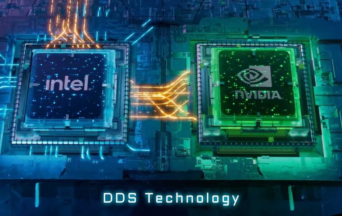 Obraz przedstawia dwa układy scalone z logo \'intel\' i \'nvidia\', połączone liniami symbolizującymi przepływ danych. Na dole widoczny jest napis \'DDS Technology\'.