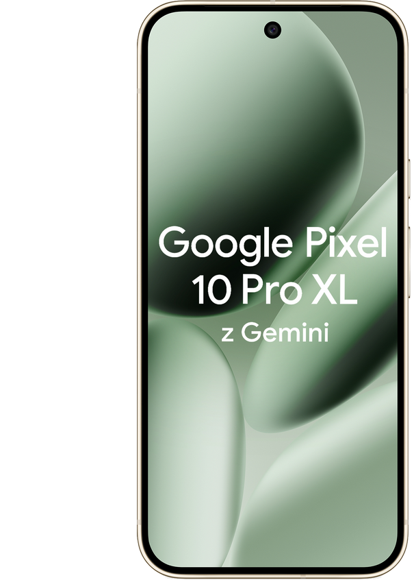 Smartfon z wyświetlaczem w odcieniach zieleni, na którym widnieje tekst: \'Google Pixel 10 Pro XL z Gemini\'.